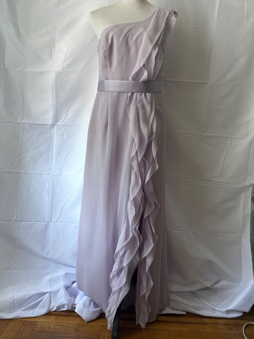Lavender Ruffled One-Shoulder Flowing Chiffon Cascading Ruffle Front Dress